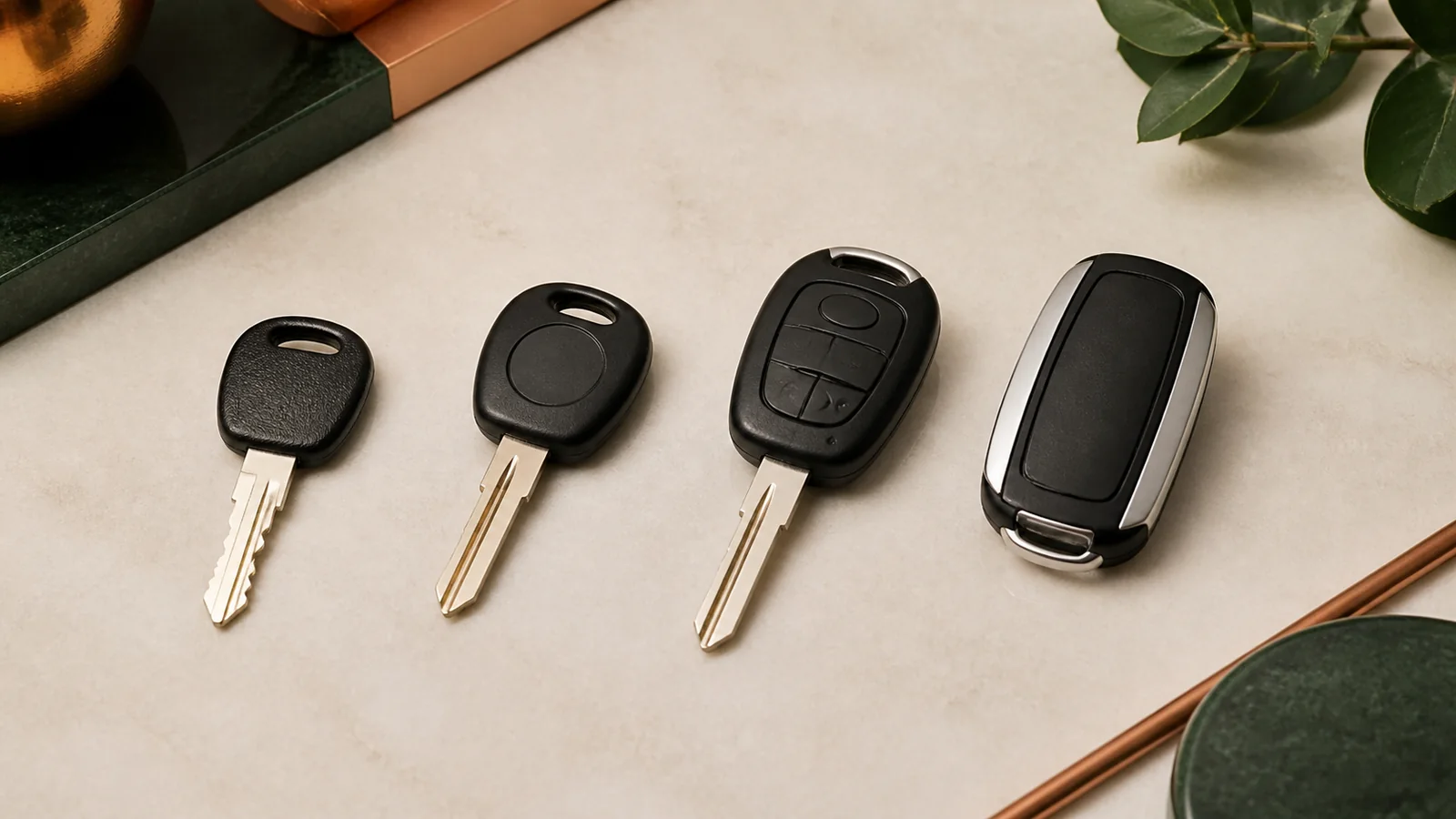 Four unbranded vehicle key formats arranged from blade key to smart fob