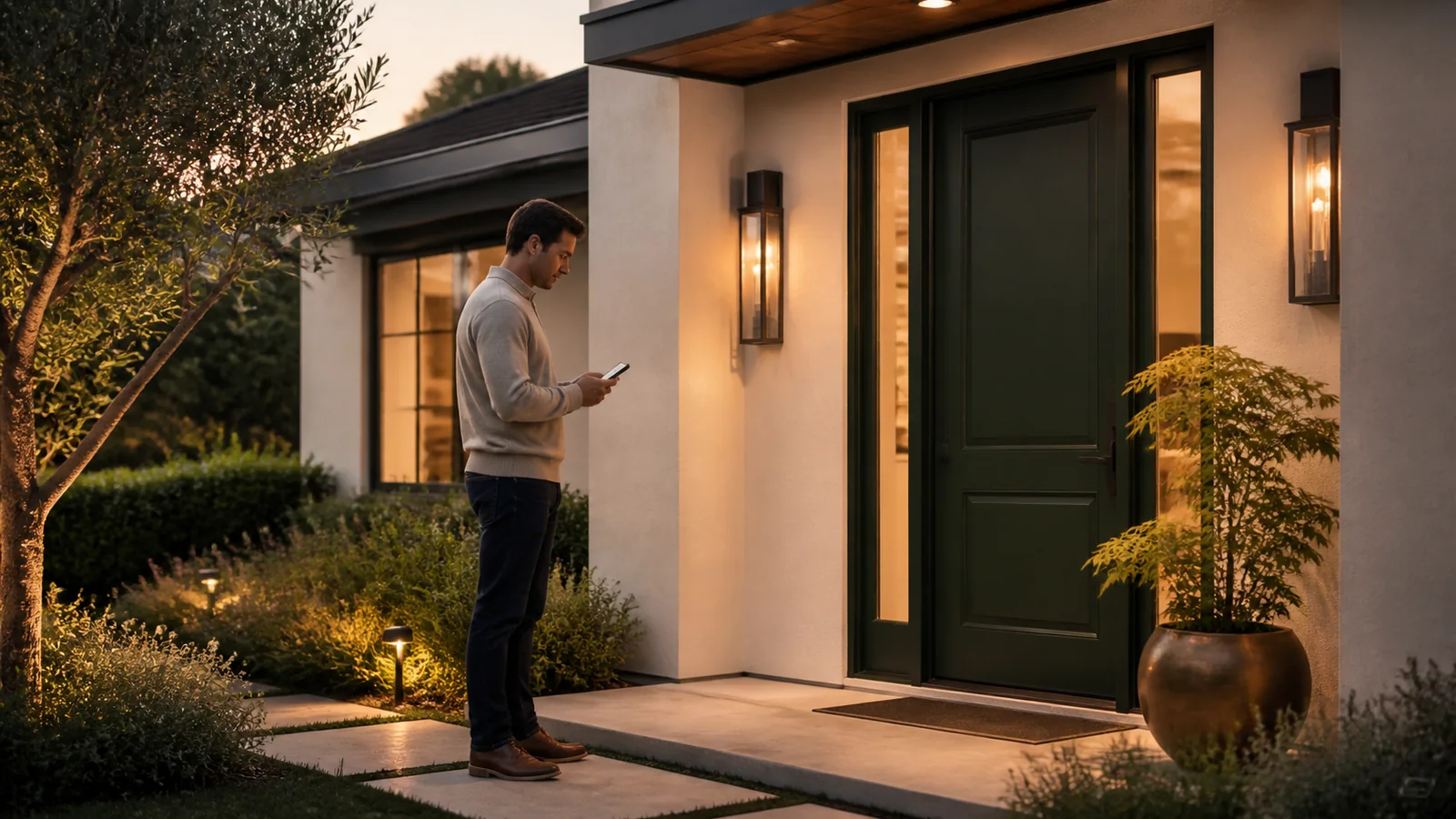 Homeowner safely using a phone outside a closed front door