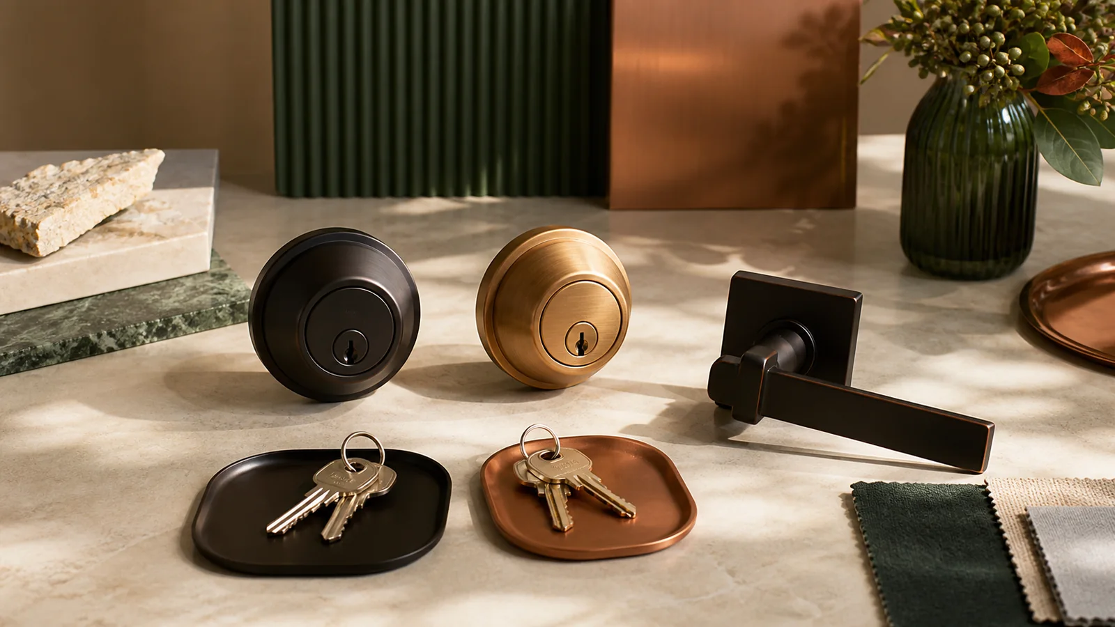 Two deadbolts and separate key sets arranged for comparison
