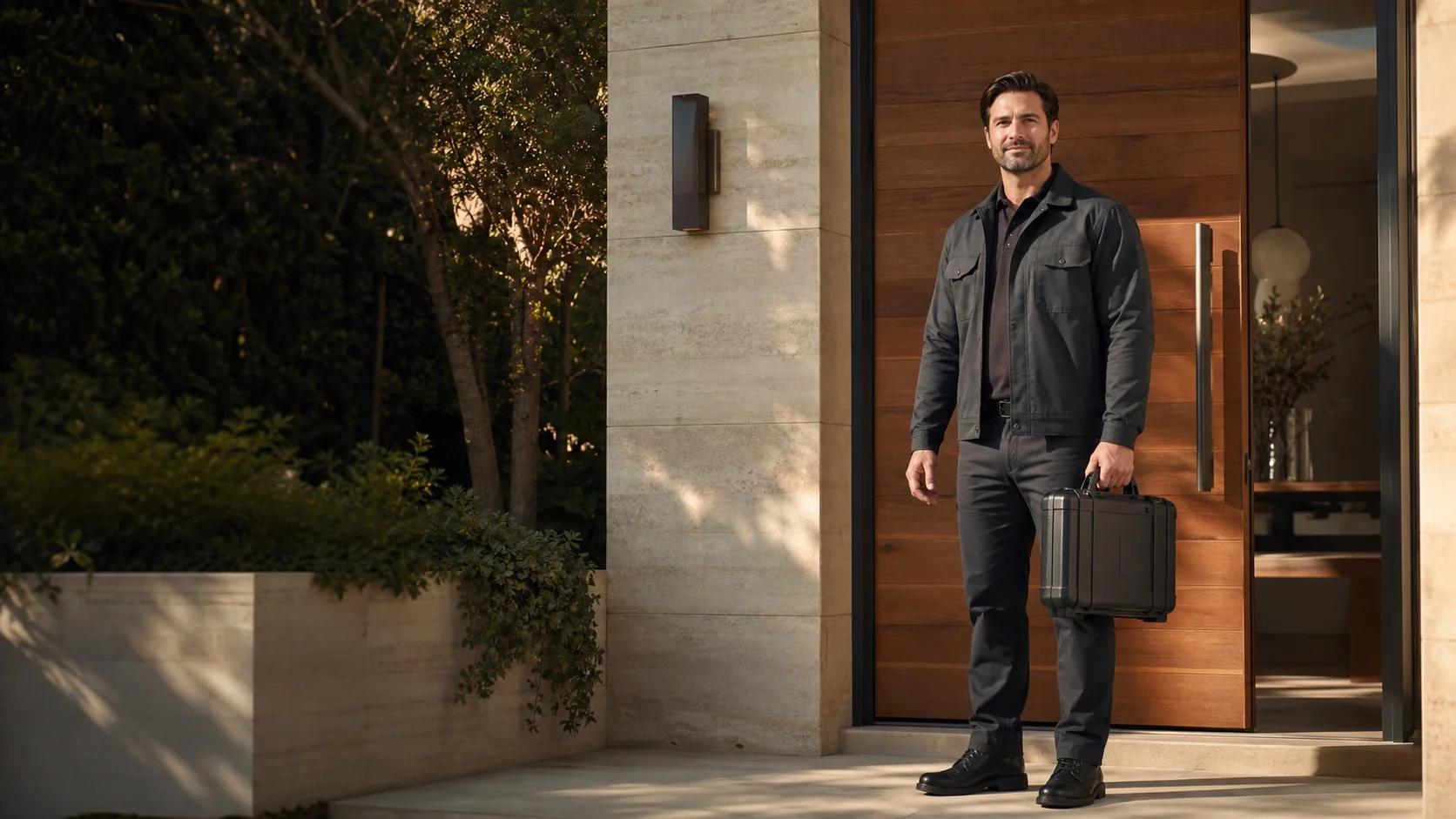 Locksmith service professional arriving at a modern Palo Alto entrance with a closed tool case