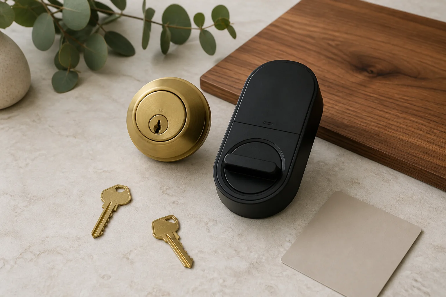 Traditional deadbolt, smart-entry hardware, and house keys arranged for comparison